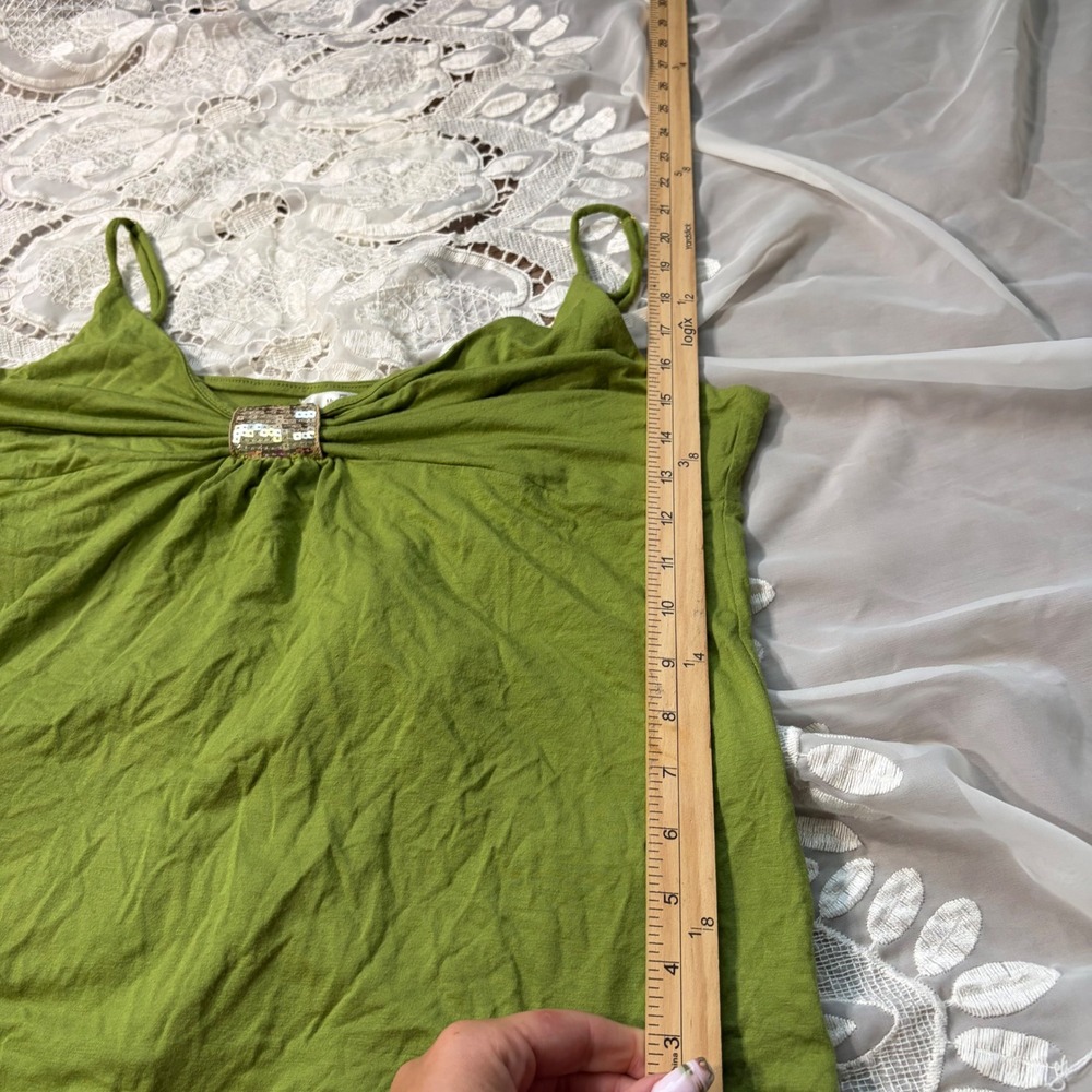 Y2K Fairy Babydoll Green Sequin Accent Cami Top V-Neck Stretch Rayon Sleeveless - Picture 5 of 5